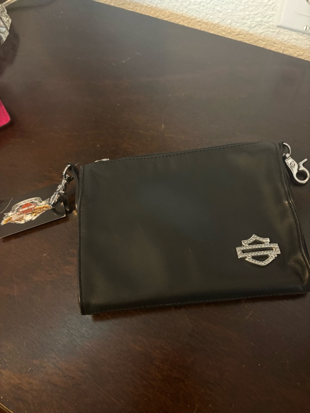 Harley-Davidson Black Leather Wristlet with Silver Rhinestone Shield